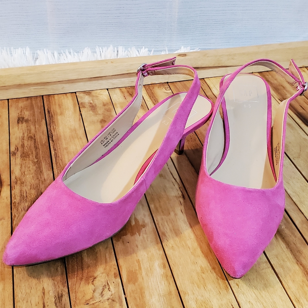 Hot Pink Suede Sling Back Kitten Heels